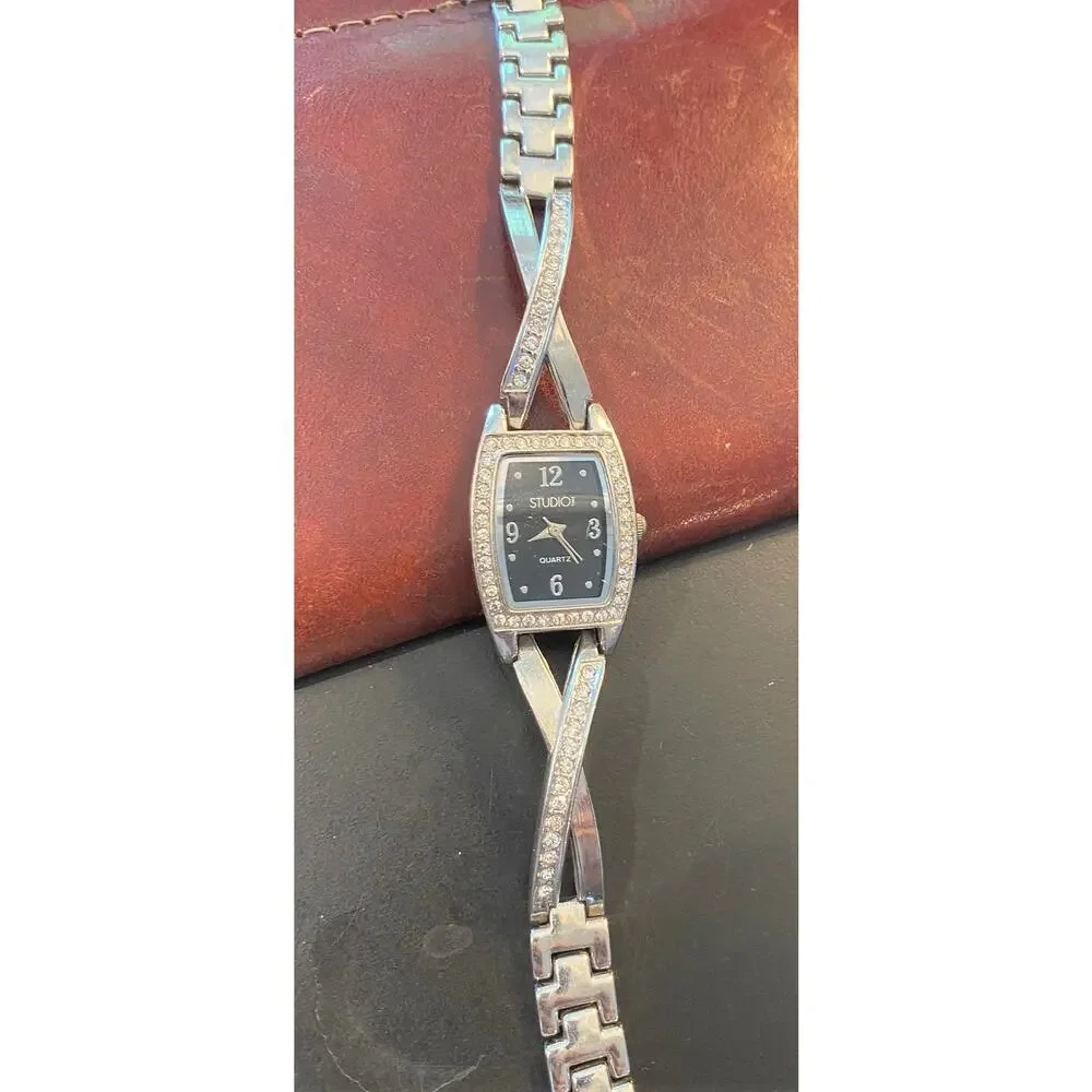 Women's Studio Time Watch, Silver Tone with Crystal Accents and Black Face
